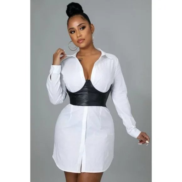 Dresses & Skirts - White Long Sleeve Mini Shirt Dress with Black Faux Leather Corset Belt